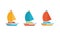 Set of icons in a flat vector. Yellow, blue and red yacht, boat, sailboat. Travel by sea transport. Isolated objects