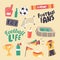Set of Icons Football Fans Attribution Theme. Soccer Ball, Gates and Stadium, Winner Cup, Sportsman Uniform, Soda Drink