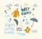 Set of Icons Games with Puddles. Water Rain Drops Fall from Sky, Umbrella, Rubber Boots and Paper Boat, Cloud with Flash