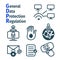 Set of icons about GDPR - General Data Protection Regulation. Personsl data. Schematic. Lock on the computer. Lines icon