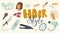 Set of Icons Hair Styling Theme. Curly Iron, Comb, Curlers or Female Head, Round Mirror, Fan, Barrette or Hair Spray