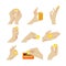 Set of Icons Hands with Coins Gesturing, Scratching Lottery Ticket, Holding Pile and Single Coins. People and Money Bank