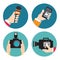 Set of icons with hands holding voice recorders, microphones, ca