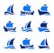 set icons of historic greek sailboats in sea
