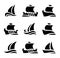 set icons of historic sailboats in sea