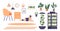 Set of Icons with Home Interiors Items and Equipment for Cultivation Fresh Greens and Herbs Indoors, Vector Illustration