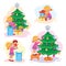 Set of icons little girl opening Christmas