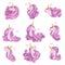 Set of icons of magic pink dreamy cute unicorns with hearts. Vector illustration