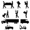 Set of icons of men movers and trucks, black silhouettes on white background