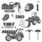 Set of icons Mining industry in monochrome vintage style with professional tools and machineries