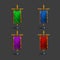 Set of icons of multicolored medieval vertical flag with flagpole for game.