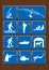 Set of icons of outdoor activities: paragliding, parachuting, surfing, fishing, diving, hunting. Icons in blue color