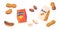 Set of Icons Peanut Snack, Peeled and Unpeeled Nuts, Paper Boxes Design, Cereal Protein Breakfast, Healthy Energy Food