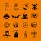 Set of icons and pictograms for Halloween. Pumpkin, ghost, vampire, coffin and more. Isolated. Black and orange color.