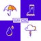 Set of icons for rainy season: umbrella, cloud, drop and rubber boot. Thin line flat design. Vector