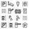 A set of icons related to parking, places for packing, as well as safety and the correct location in parking spaces