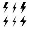 Set of icons representing lightning bolt, lightning strike or thunderstorm. Suitable for voltage, electricity and power signs.