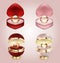 Set of icons. Ring with pearls and a diamond in a beautiful red box with a heart. Wedding rings and golden pearls