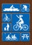 Set icons of rowing boat, family ride, bicycle, roasting area. Icons in blue color on wooden background.