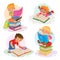 Set icons of small children reading a book