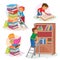 Set icons of small children reading a book