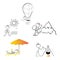 A set of icons of small images of people and educational symbols, a cute miniature scene of a traveler in a balloon, a rock