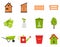 A set of icons. Spring, garden tools, shed, gloves, fertilizer, water sprayer, fence, box, bucket. Color flat cartoon