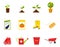 A set of icons. Spring, seedlings, sprouts, young plant, boots, seeds, rope, bucket, gloves, garden tools. Color flat