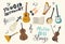 Set Icons Stringed Instruments Theme. Dombra, Banjo, Acoustic or Electric Guitars, Balalaika, Cello or Violin with Notes