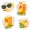 Set of icons with sunscreen cream, lotion, lips balm, sunglasses, leaves and abstract shapes. Sunscreen protection and sun safety