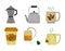 Set icons of tea cups pots organic herbs and teabag