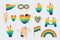 Set of icons on a theme the LGBTQ. Various rainbow symbols - rainbow, hands, flags, hearts. Gay Pride Month. All