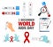 A set of icons on the topic of AIDS and HIV. Hands show heart with ribbon, symbol of AIDS, HIV. World AIDS Day 1