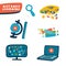 A set of icons on the topic of education or training. Book with letters, globe, ruler, pencils, monitor. Online learning or