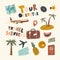 Set of Icons Tour Operator Theme. Luggage, Suitcase, Airplane and Palm Trees, Pineapple, Foreign Passport and Wold Map
