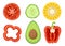 Set of Icons Vegetable Slices Tomato, Cucumber, Corn and Bell Pepper with Avocado Round Halves, Healthy Sliced Veggies