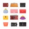 Set Icons Wallets, Different Purses Male and Female Accessories for Money, Closed and Open with Bills. Electronic Wallet