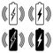 Set icons wireless battery charging, vector Qi standard wireless power transmission for battery