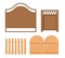 Set Icons Wooden Fence, Palisade Farm Gates or Balustrade with Pickets. Enclosure Railing, Banister or Fencing Sections