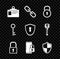 Set Identification badge, Chain link, Lock, Smartphone with closed padlock, Shield, Key and keyhole icon. Vector