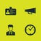 Set Identification badge, Clock, User of man in business suit and Megaphone icon. Vector