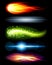 Set illuminated burn flame comet lens spotlight explosion outer space realistic template vector