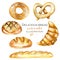 Set, illustration collection with watercolor bakery products bagel, loaf, French baguette