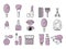 Set of illustration cosmetics with icons and signs in a linear style.