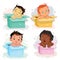 Set illustrations of babies different races sitting in boxes