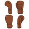 Set of illustrations with brown leather boxing gloves. Isolated vector objects.
