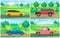 Set of illustrations about cars of different types without drivers in background of nature landscape