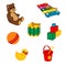 Set of illustrations of children's toys in isometric. Teddy bear ball cubes rubber duck xylophone drum bucket. Vector