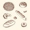 Set of illustrations - different kinds of cookies and cakes on a beige background.