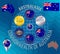 Set of illustrations of flag, contour map, money, icons of Australia. Travel concept